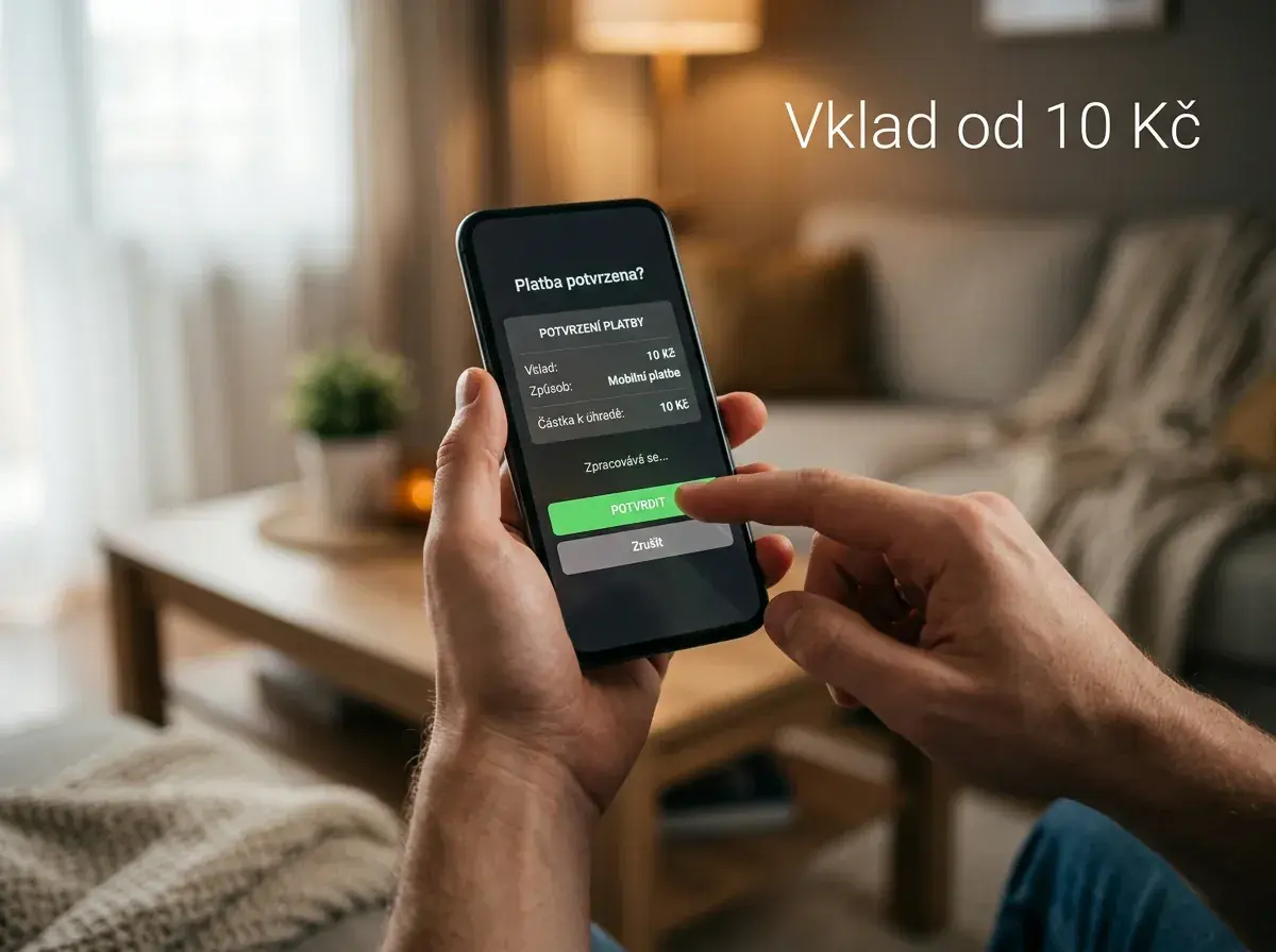 Hráč drží telefon a chystá se vložit deset korun do casina Betor