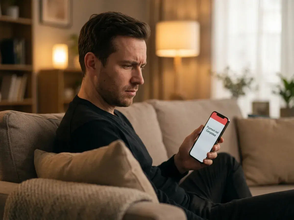 Zamítnutá mobilní platba na displeji telefonu a hledání příčiny