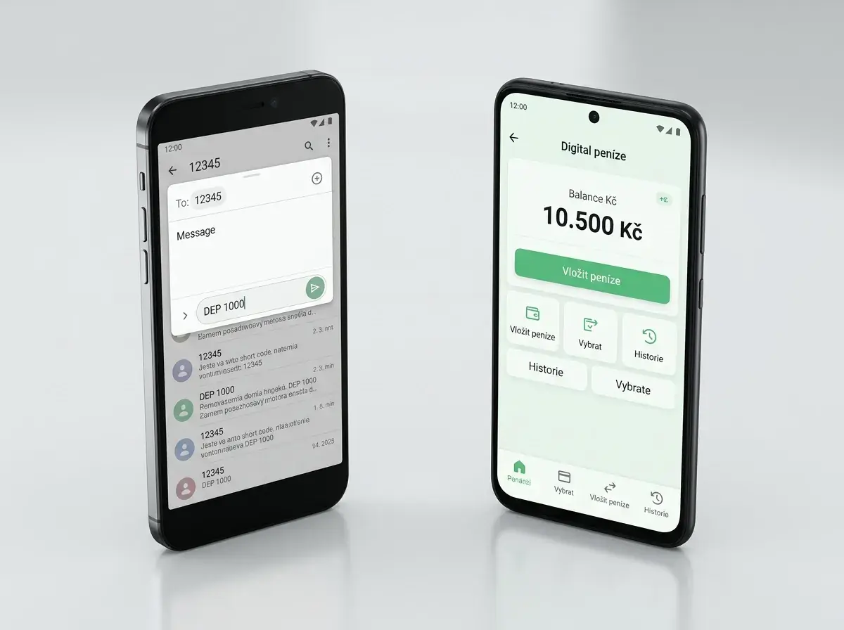 Dva mobilní telefony vedle sebe znázorňující přímou SMS a platbu přes peněženku prostředníka