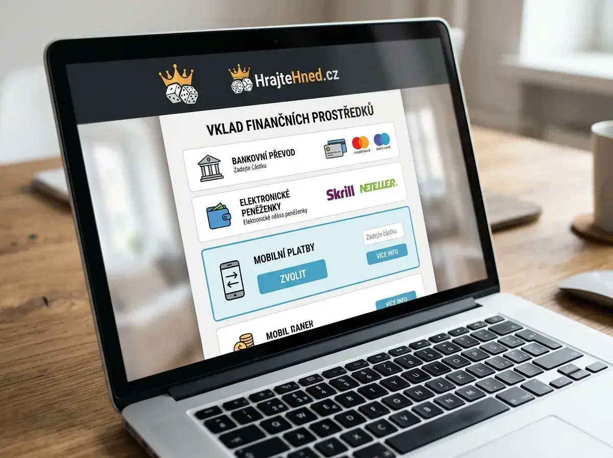 Detail obrazovky notebooku se sekcí vkladů licencovaného českého online casina a nabídkou mobilní platby