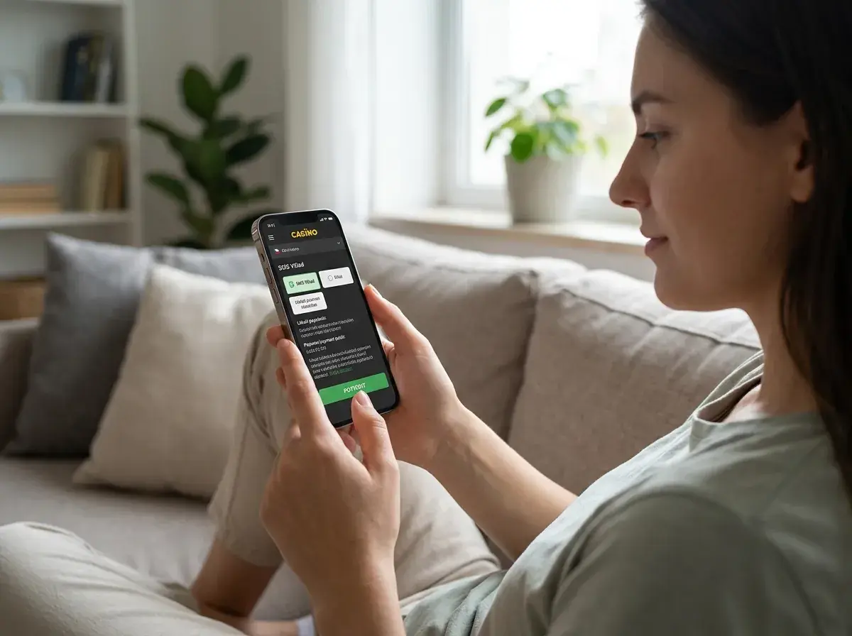 Hráč drží mobilní telefon s otevřenou platební obrazovkou online casina pro vklad přes SMS