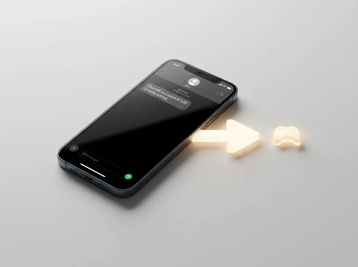 Jednosměrná šipka od mobilního telefonu k hernímu kontu znázorňující, že SMS slouží jen ke vkladu